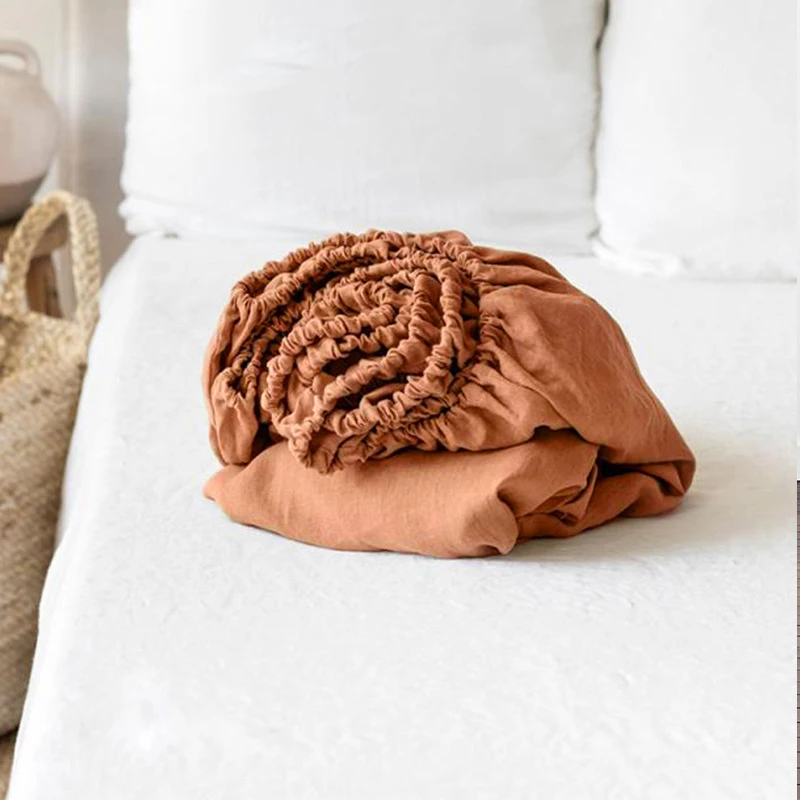 Bedding Fitted Sheet 100% Linen Fabric Support Custom Queen King Size Bedding Set Customization