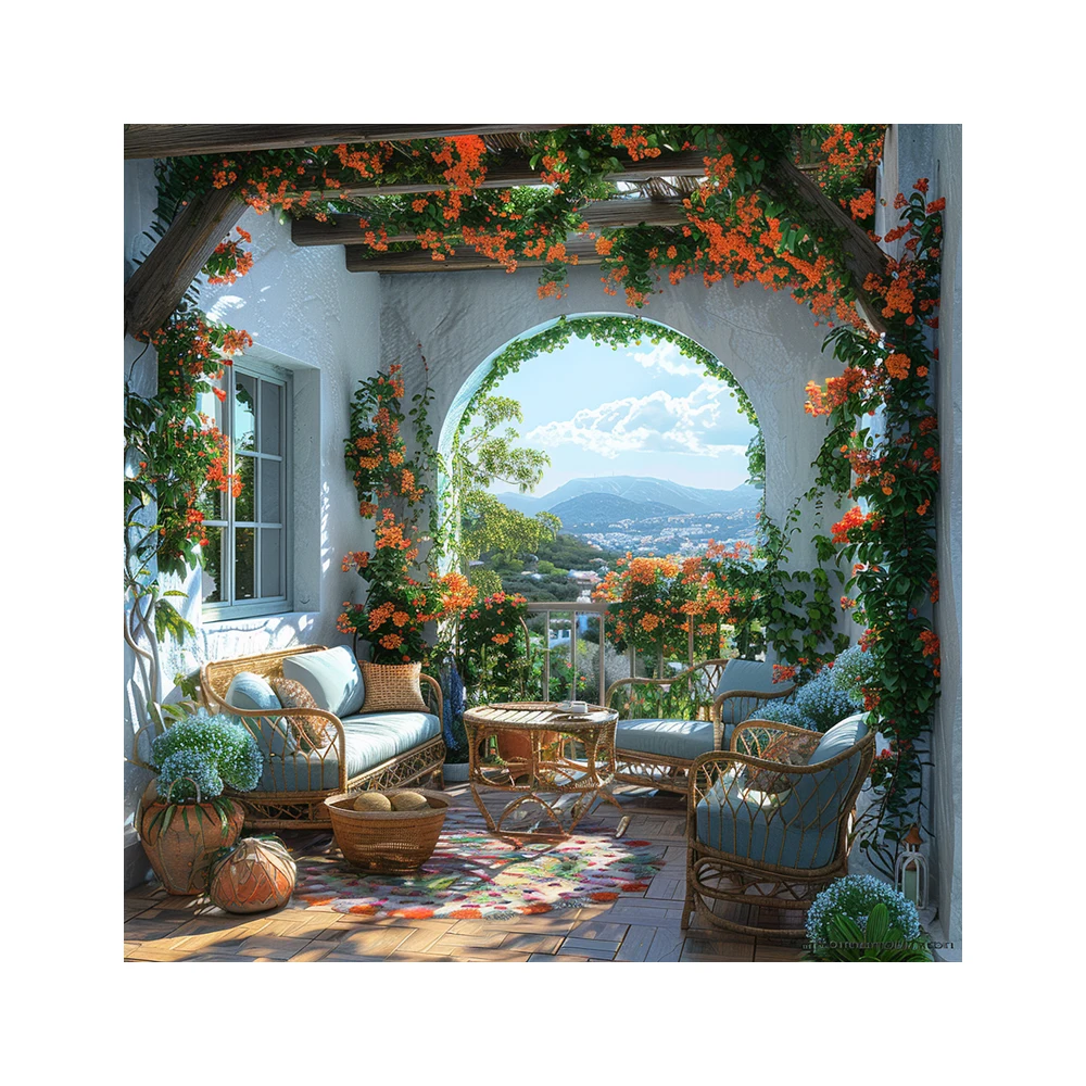 2024 AI Creative Concept Design Balcony Greek Casual Style Space Design 3D Rendering Service