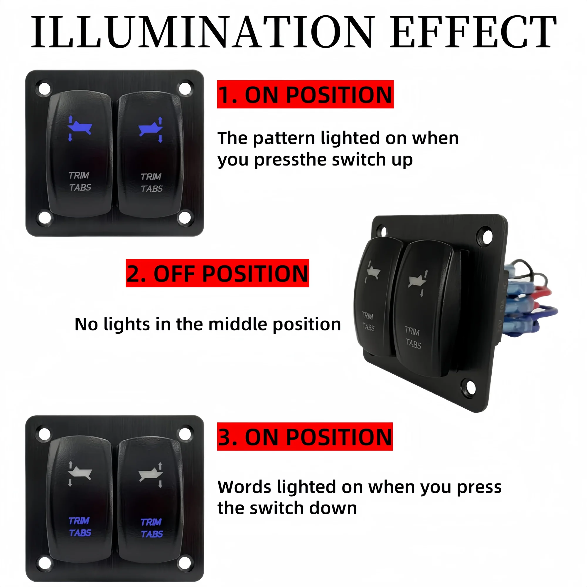 Trim Tabs Rocker Switch Panel 12v 20amp 10 Pin 3 Position ON-Off-ON Marine Boat Trim Switch 2 Gang Momentary Toggle Switch Panel