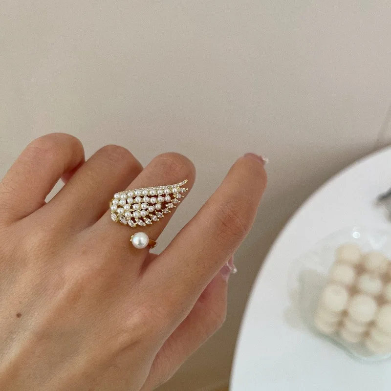 New Style Designer Pearl Wings Zircon Rings 14k Gold Open Adjustable Rings For Women