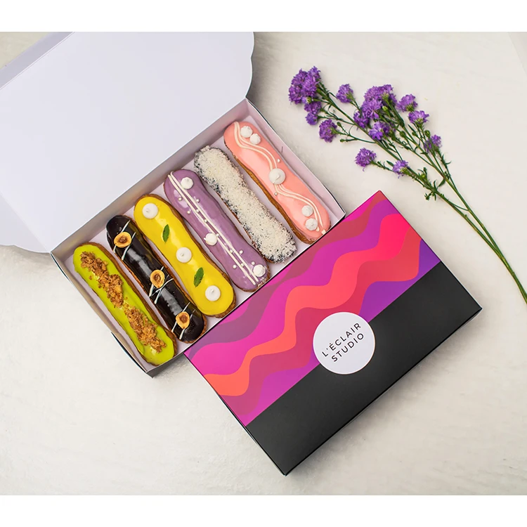 Custom logo design bake bakery croissant chocolate cake french eclairs packaging paper box for eclair pastry dessert house