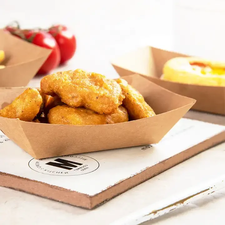 Eco-friendly Grease Resistant Take Out White Brown Kraft Paper Boat Paper Food Tray