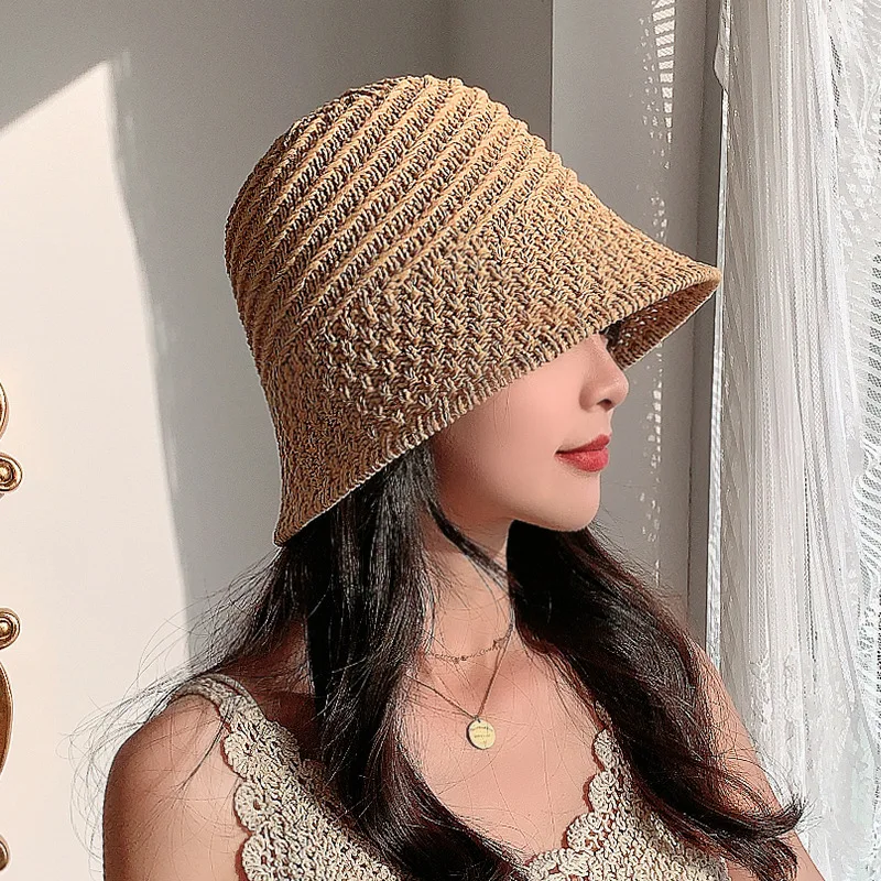 New Design Foldable Floppy Fashion Bucket Hat Handmade Crochet Women Sun Straw Hats Spring