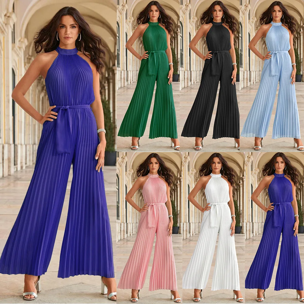 Dresses Women Lady Elegant Solid Color Sleeveless Pleated Dress Elegant Casual Dresses With Belt