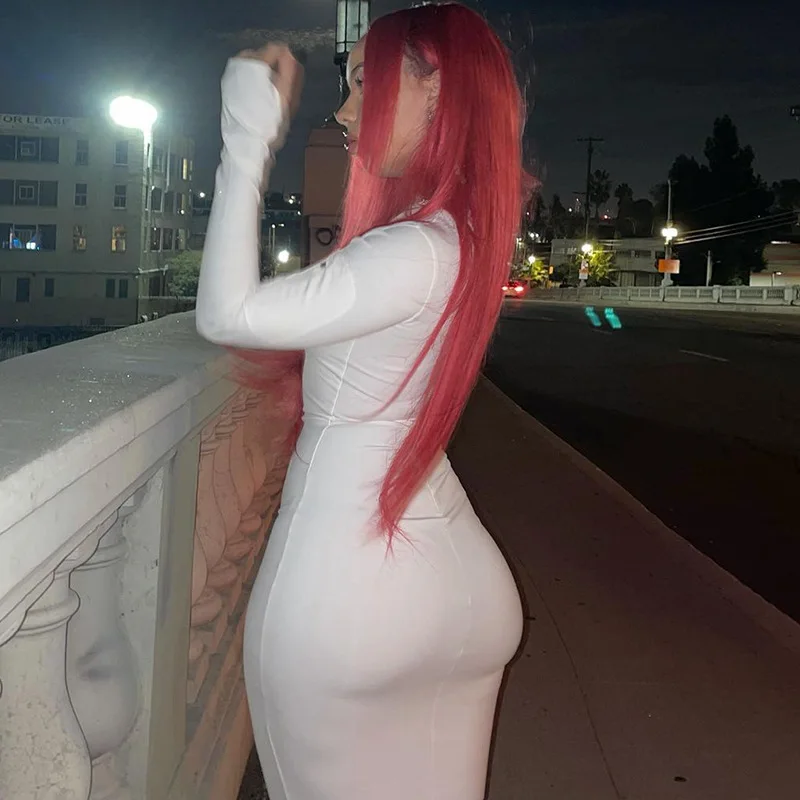 Женское Белое Облегающее платье на одно плечо с длинным рукавом