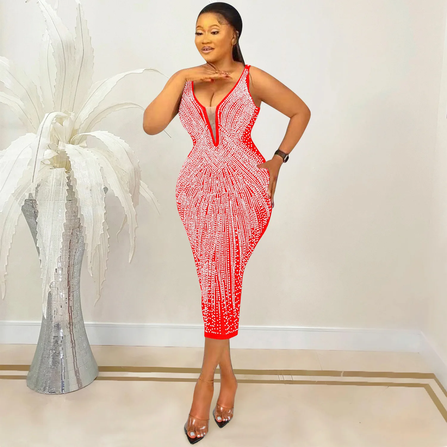 C5808 2022 Spring New Boutique Clothing Fashion Women Suspenders Sexy Dress Ladies Tight V-neck Rhinestone Dress