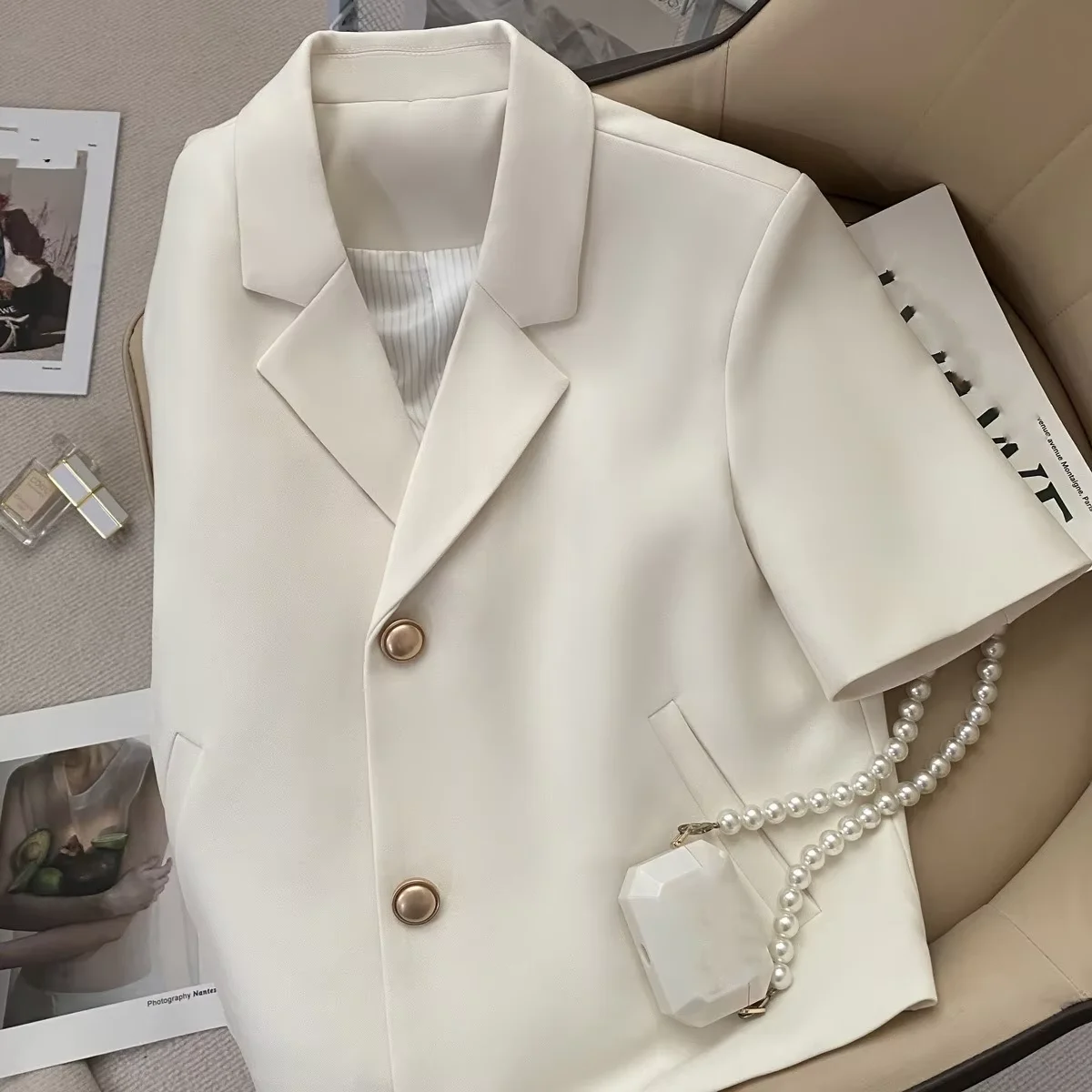 Summer Modest Classic Top Korean Chic White Jacket Short Sleeve Lapel Elegant Jacket Women Top