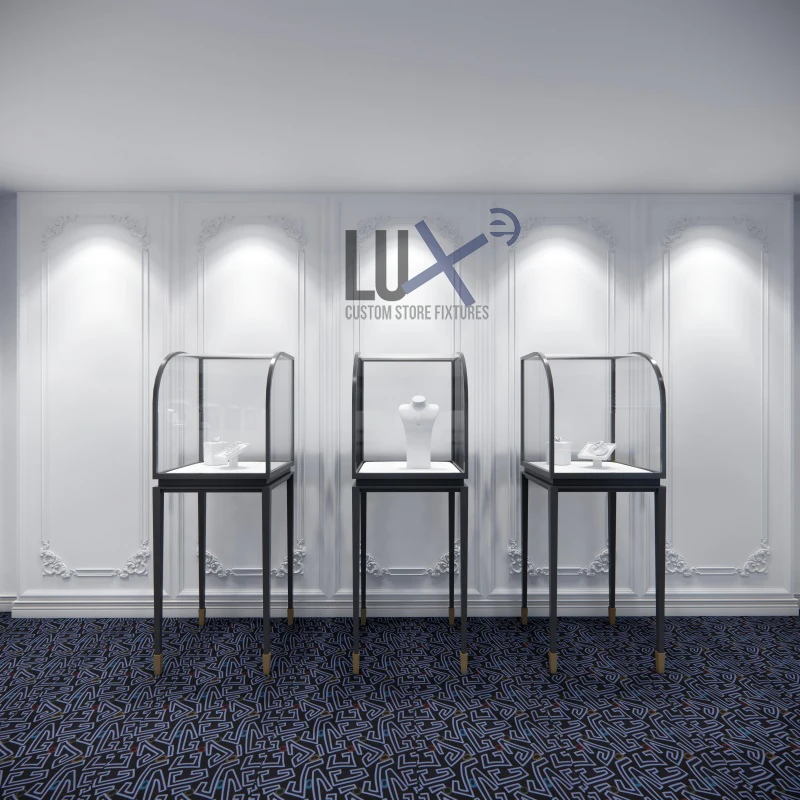 Роскошное дизайнерское украшение для ювелирного магазина напольная стойка ювелирных изделий безопасная стеклянная башня с полным зрением витрина на заказ