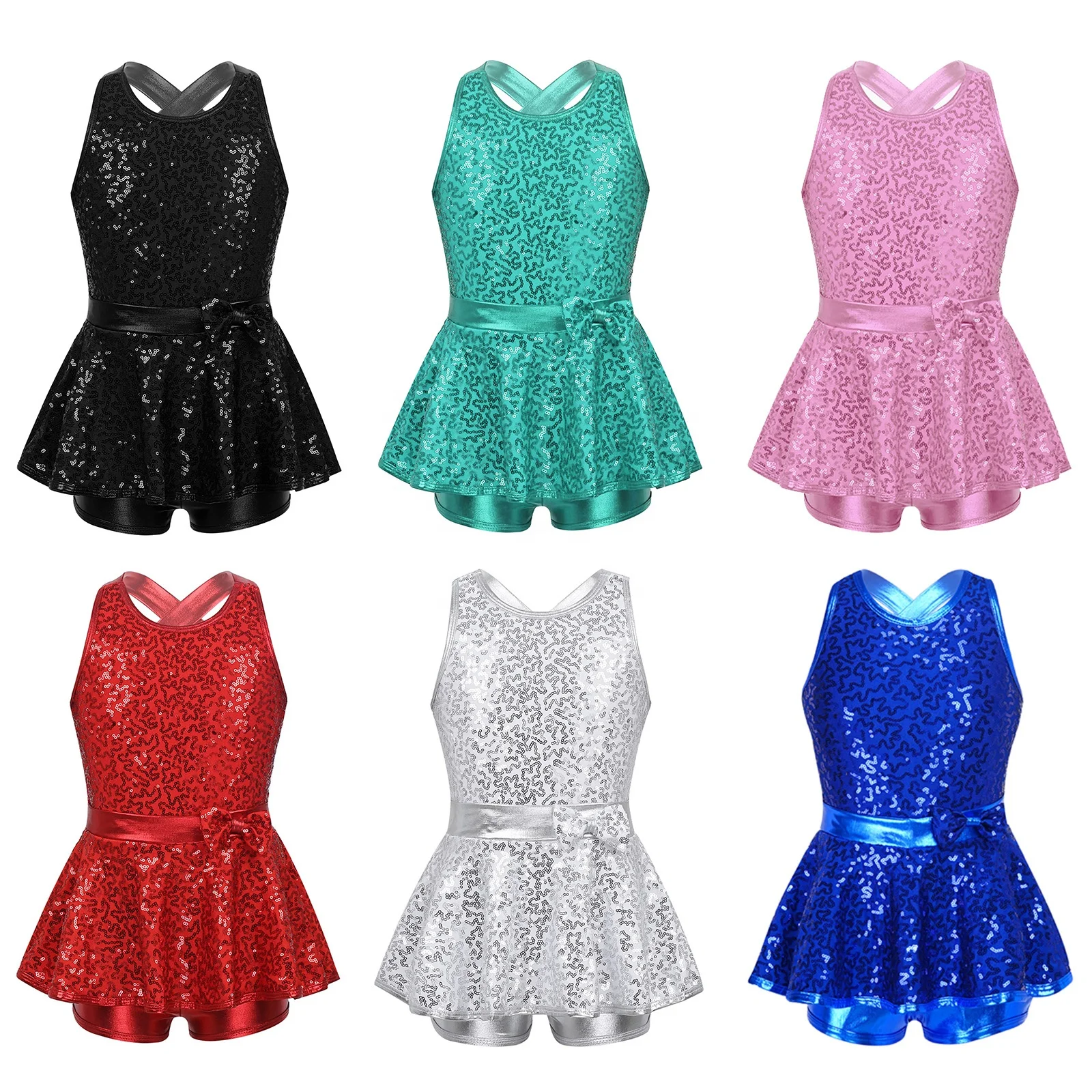 Kids Jazz Tap Ballet Dancewear Sleeveless Sequined Dresses Gymnastics Leotards Modern Dance Costumes Dancing Dress for Girls