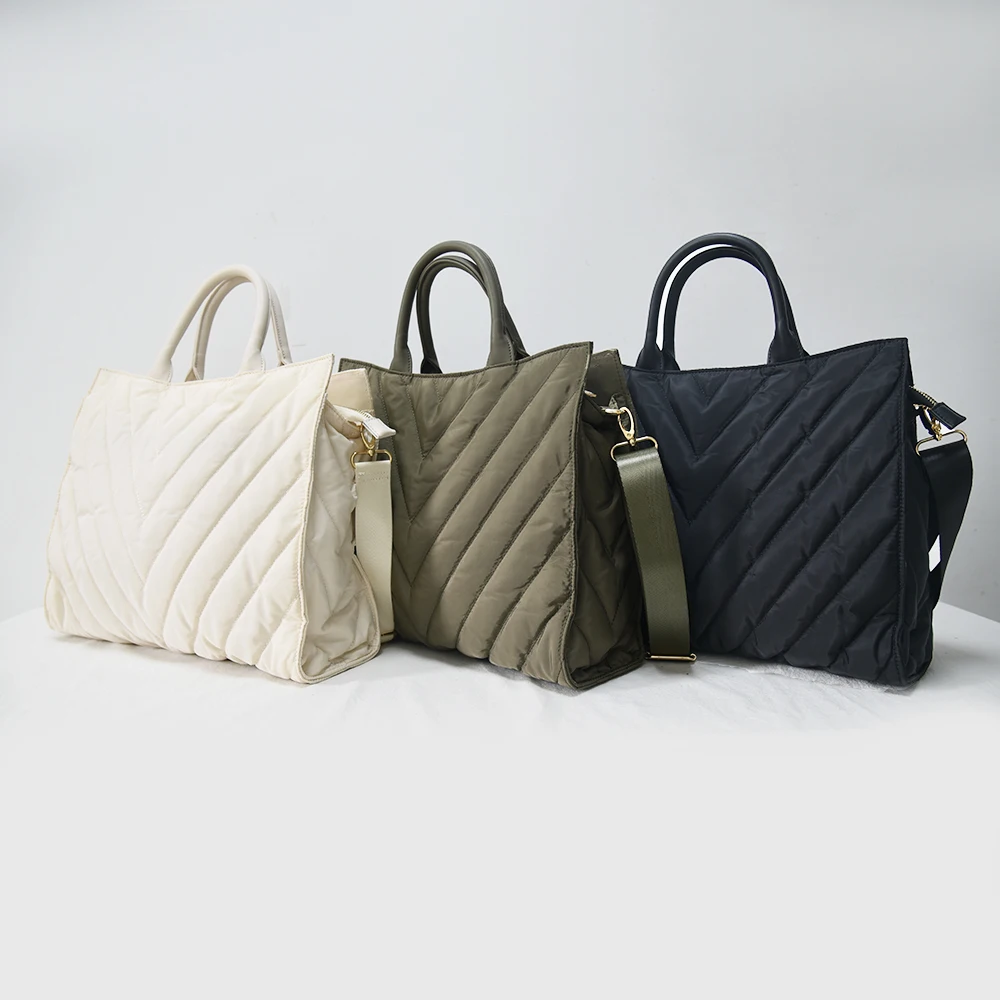 New Arrived Winter Fall Female V Shape Quilting Ladies Handbags 2022 With Nylon Shoulder Straps Puffer Quilted Tote Bag