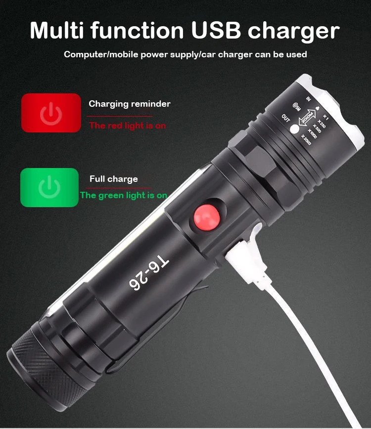 Multifunction Zoomable Usb Rechargeable Cob Led T6 Tactical Magnet Flashlight Torch With Clip