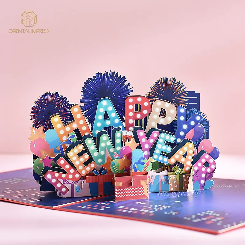 High Quality 3D Happy New Year Pop Up Season Greeting Card with Envelope