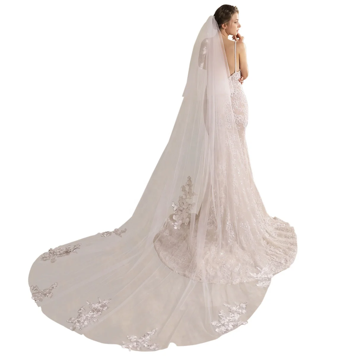 V829 Luxurious Chapel Wedding Bridal Veil Two-Layer Cut Edge Soft Tulle Lace Appliqued Marriage Bride Veil