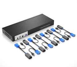 8 Port USB VGA KVM Switch over Ethernet, MT-VIKI VGA Extender KVM Console 8x1 over Cat5e 6/7/8 + 8 VGA to RJ45 Adapters