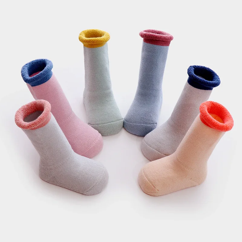 
Winter Warm Baby Socks Color Patchwork Design Cartoon Anti-slip Toddlers Sock Mid Calf Newborns Infants Socks 