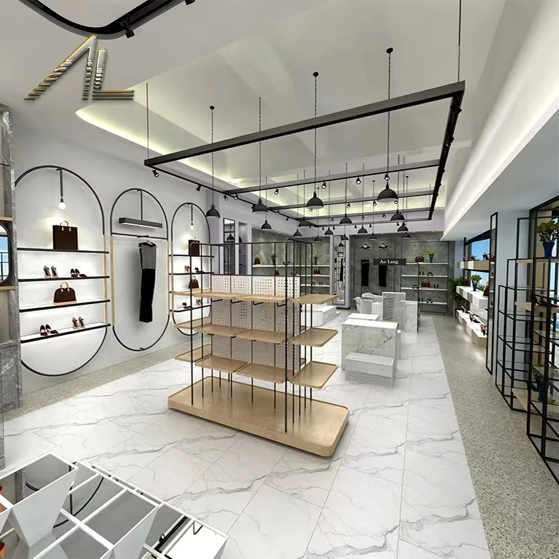 Подгонянная современная деревянная и металлическая Сумка Полки сумки витрина для розничного магазина