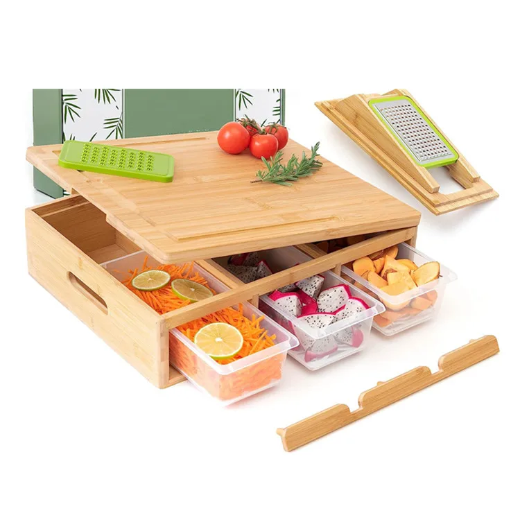Оптовая продажа изготовленный на заказ кухонный поднос для измельчения и сервировки набор из бамбуковых разделочных досок ручной работы с 3 ящиками хранения