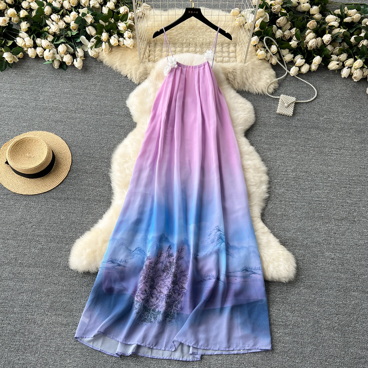 Summer Fairycore Halter Casual Midi Dress For Women Sleeveless Gradient Printed Backless Lace Dress
