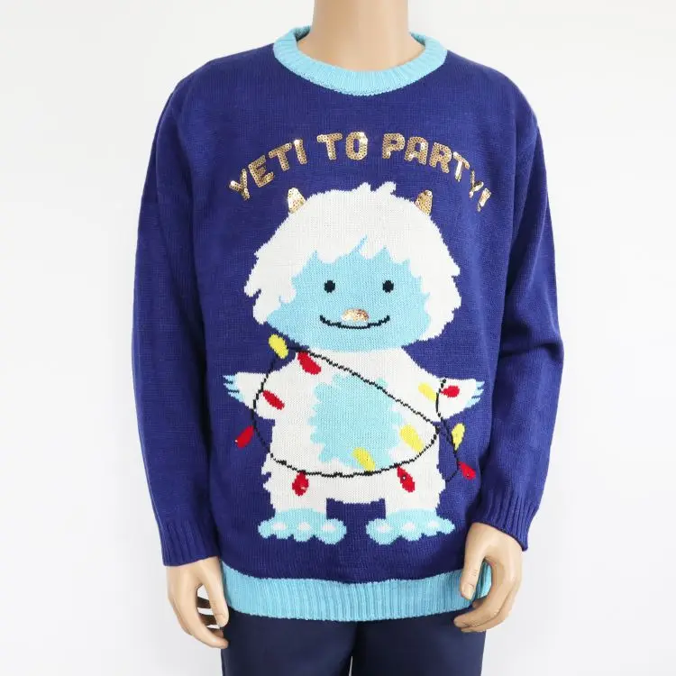 Led lights Ugly Christmas knit sweater  sequin embroidery Jacquard and winter   pullover with decorations of pompom , fur