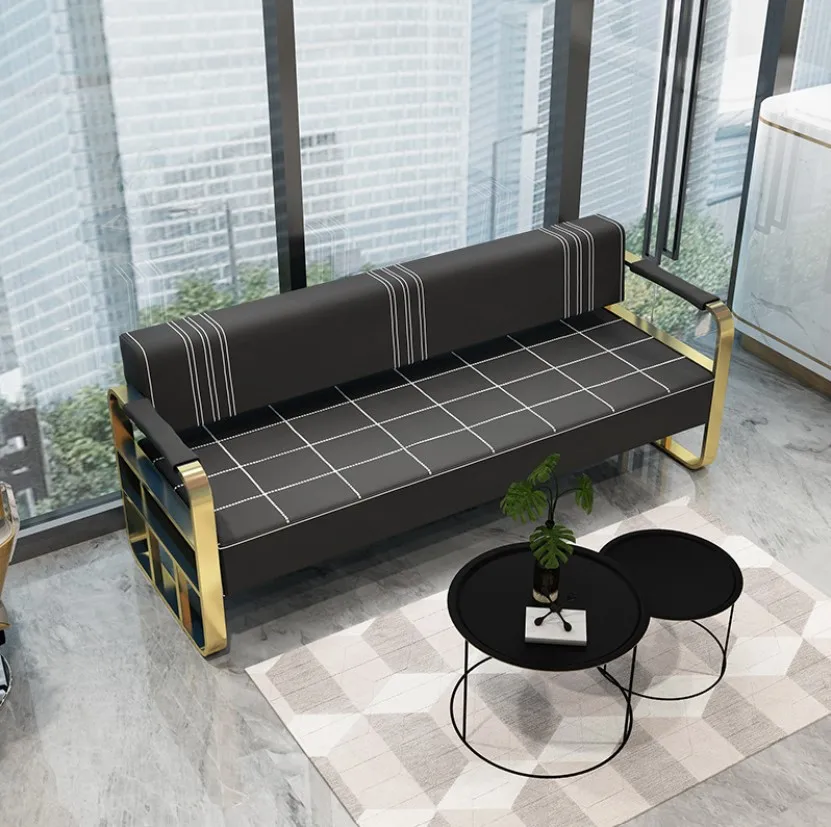 Luxury Gold beauty reception salon pink metal waiting sofa set living room furniture