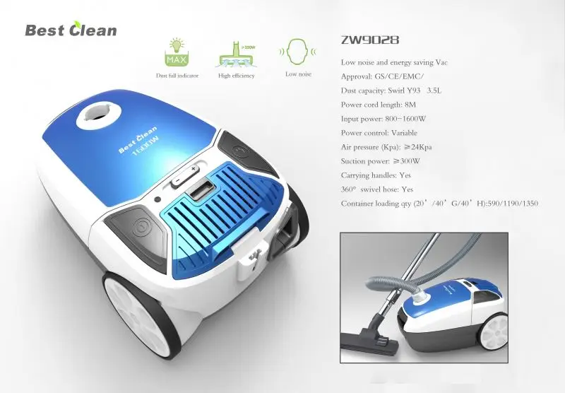 Best Clean Household Bagged Canister Industrial Vacuum Cleaner with ERP Cyclone Dry Battery with Bag CN;JIA ZW9028 22kpa 3.0L /