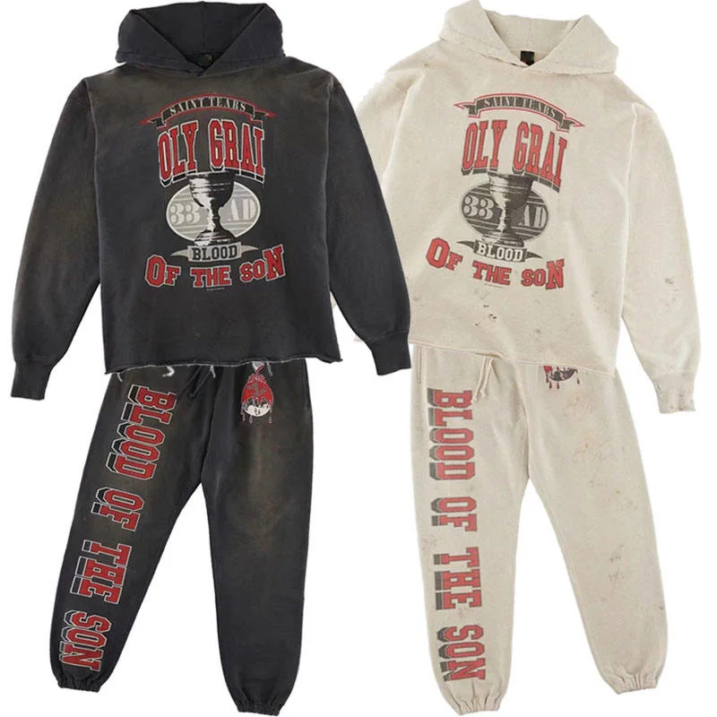 Wholesale custom logo distressed hoodie and sweatpants set jogger set 2 Pieces casual fleece tracksuits for men