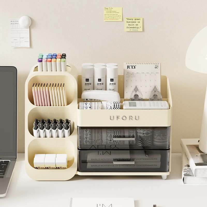 4 slots pen holder Pencil notebook Student Stationery container Sticky Notes calculator stapler Organizer Tray with 2 Drawers
