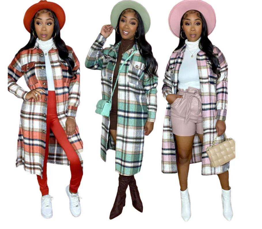 Factory wholesale winter jacket high quality women cardigans Long plaid jacket women