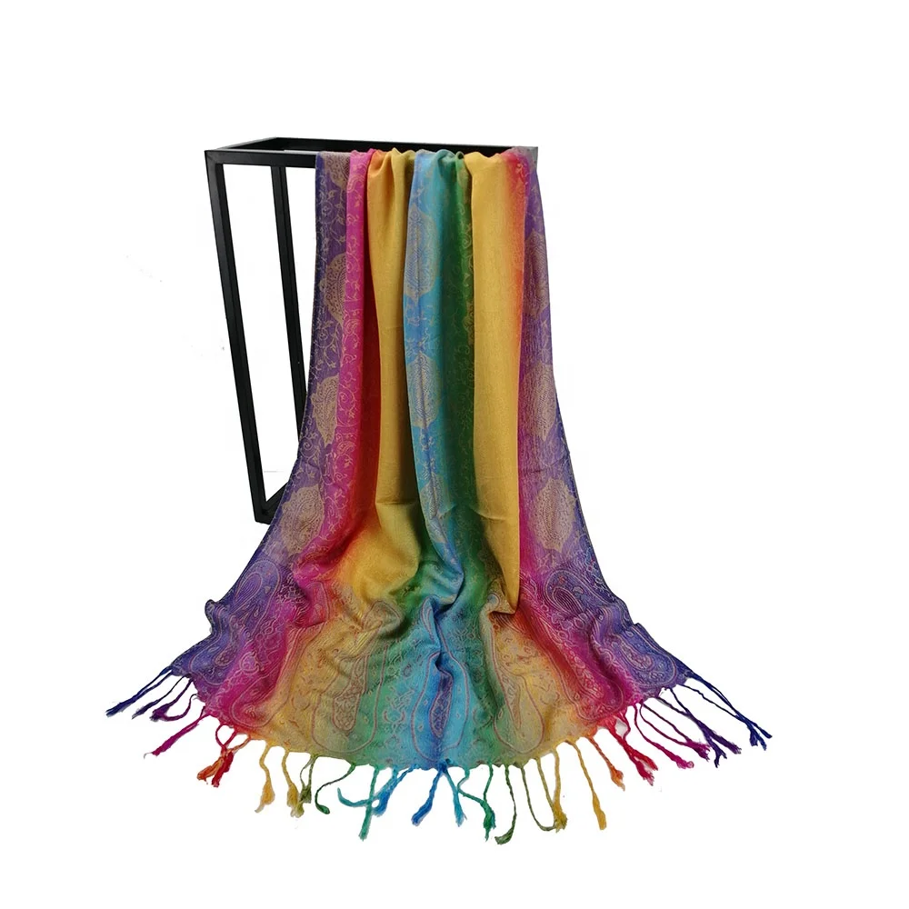 Hot sale custom  rainbow jacquard knit embroidery scarf shawl pashmina in stock