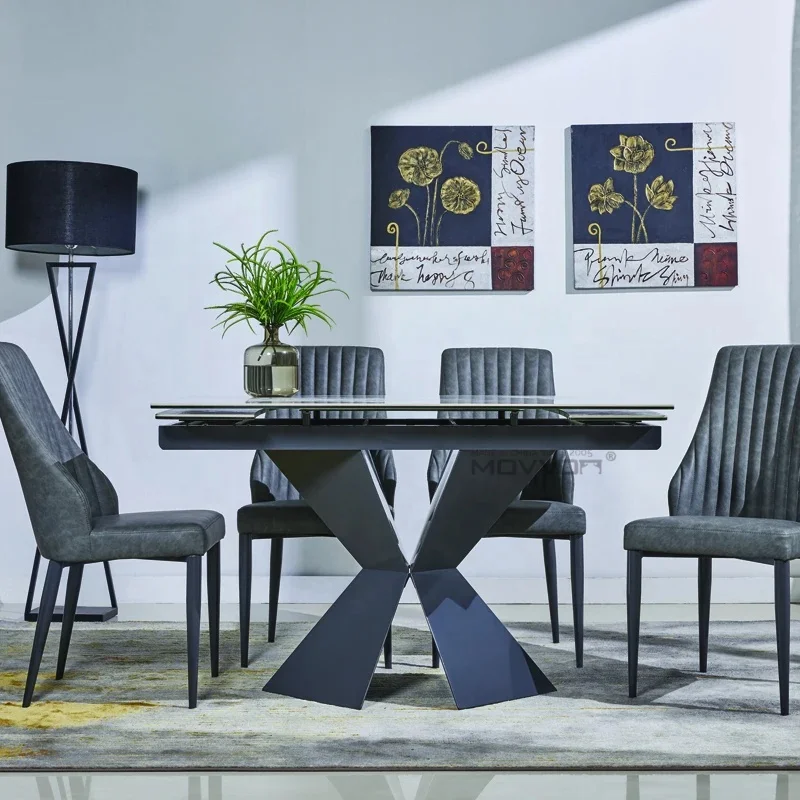 Metal Feet Dining Table Set with two side extension Ceramic glass top  extendable Dining table