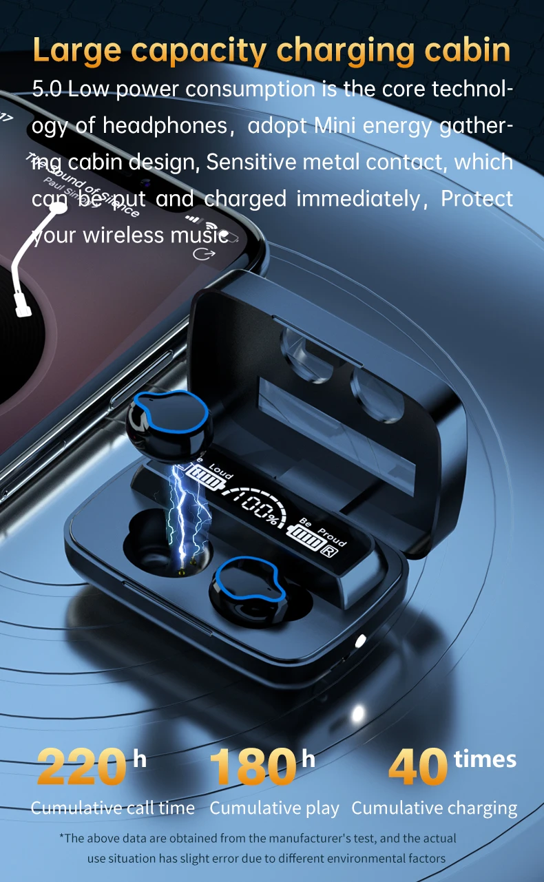 M9 Flashlight Mirror Earphone 3500Mah Battery Version 5.1 Headphone Waterproof Earbuds with LED Display