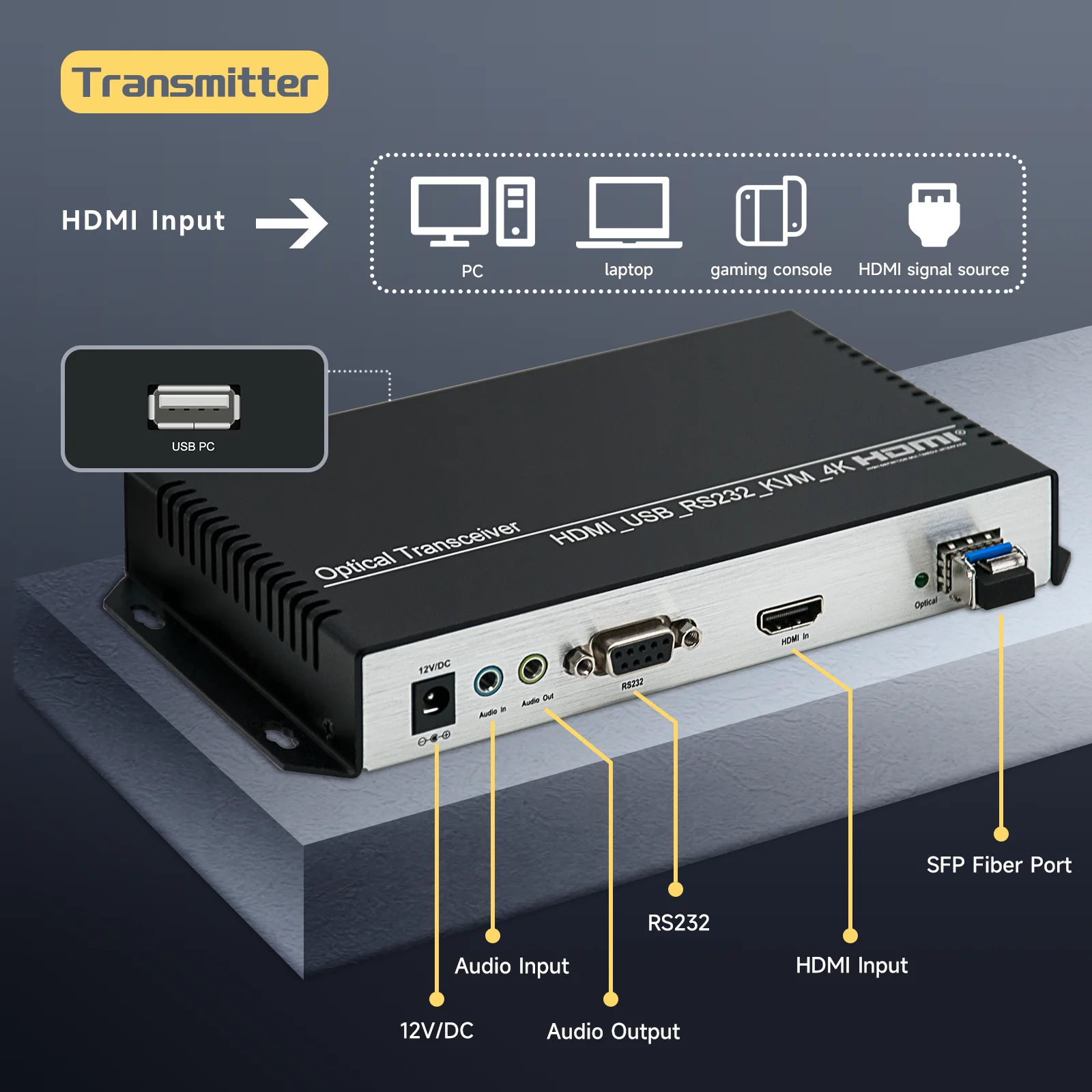 4k 30Hz HDMI Fiber Extender USB RS232 10KM 20KM HDMI KVM Extender Over Fiber