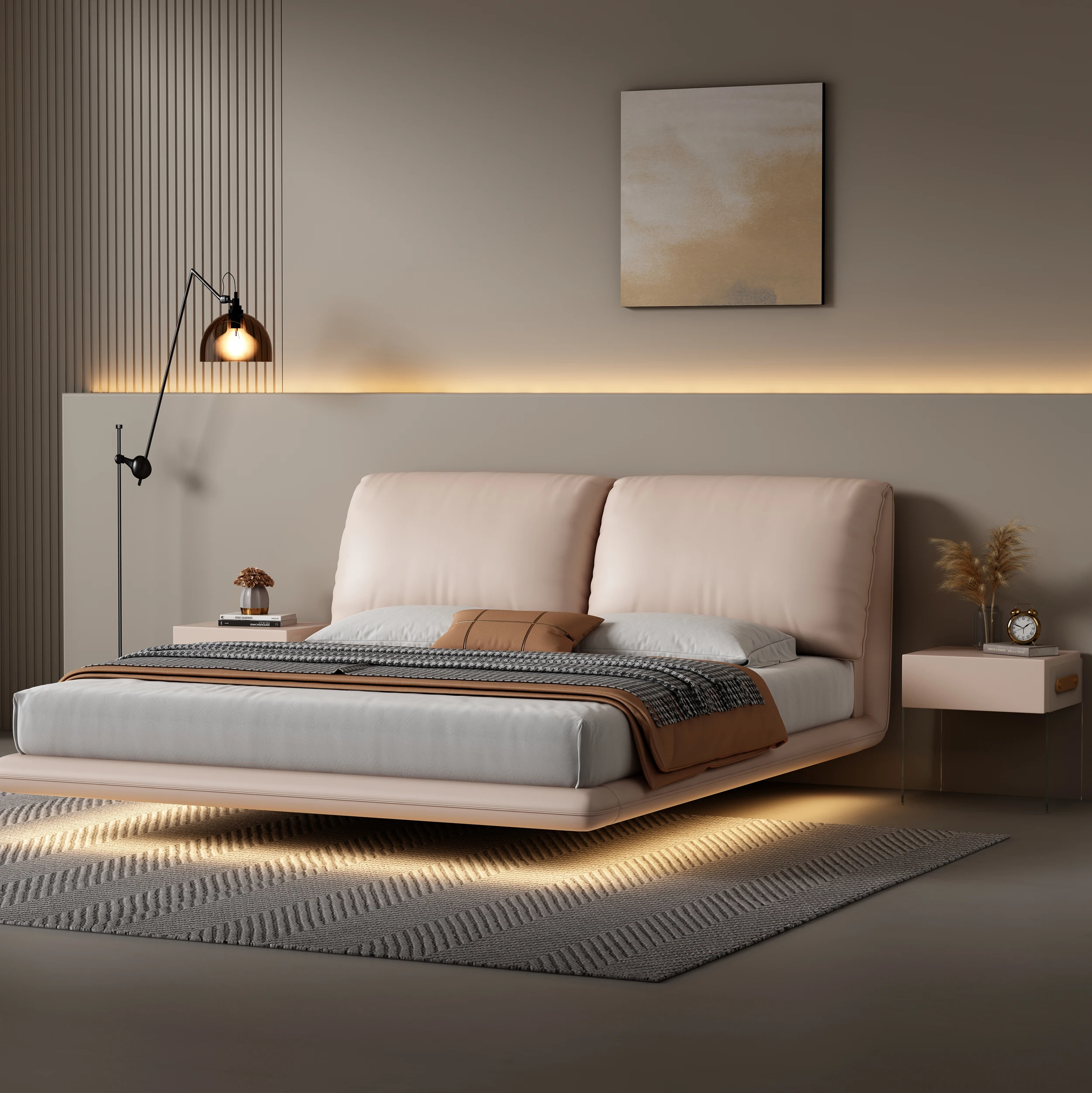 Modern Double-Sized Wooden Platform Bed Frame with Leather Upholstery Storage Feature and Lights Queen King Sizes Available