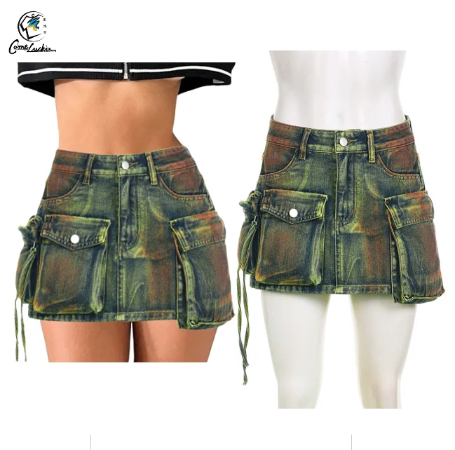 Best-Selling Mini Jean Pencil Cargo Skirt with Pockets Jean Skirt for Women Ladies Boutique Clothing 2023 Summer Cargo Skirt