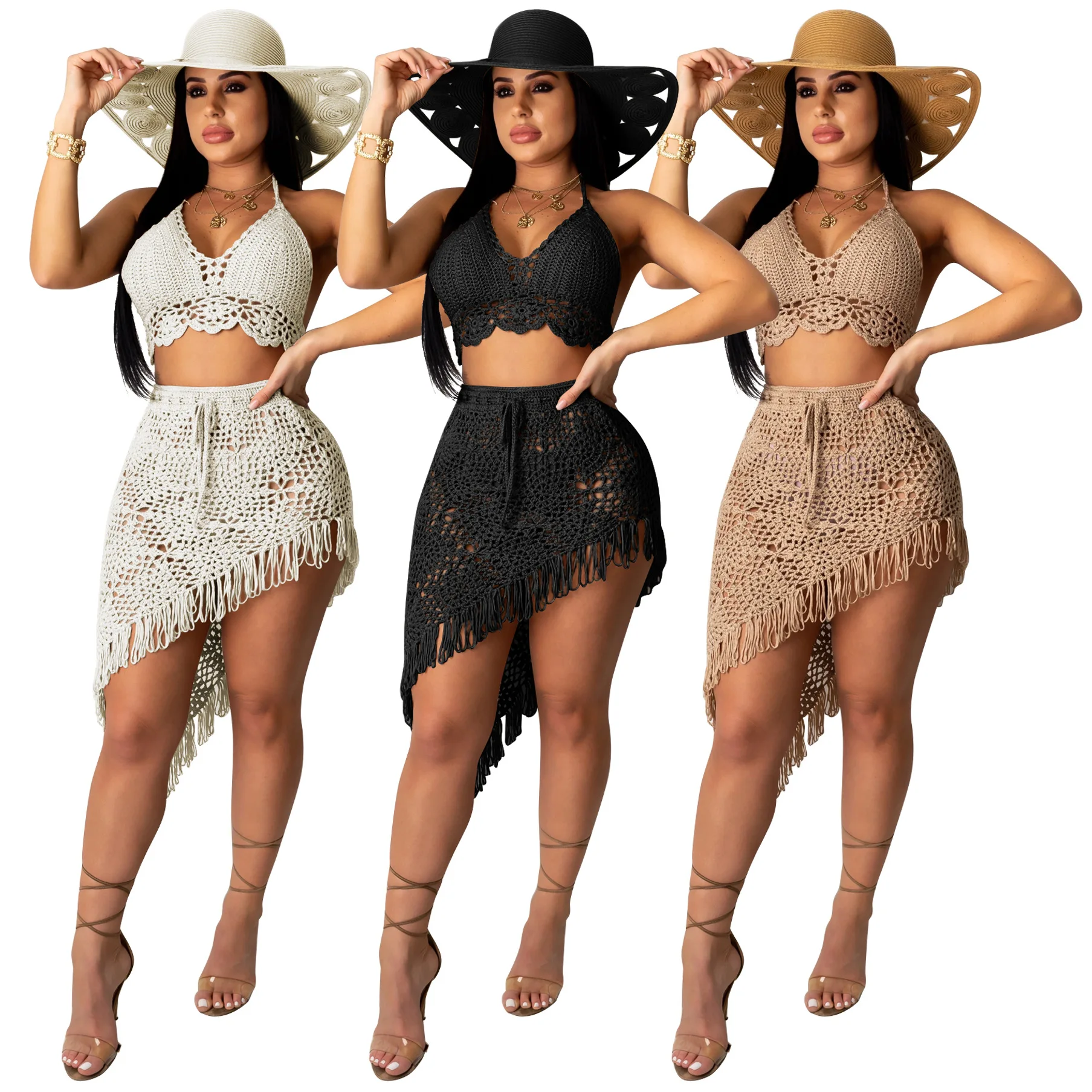 
2021 New Two-piece Suit Sexy Halter Crocheted Tassel Short Top Skirt Casual Beach Suit Women Sexy Suit 
