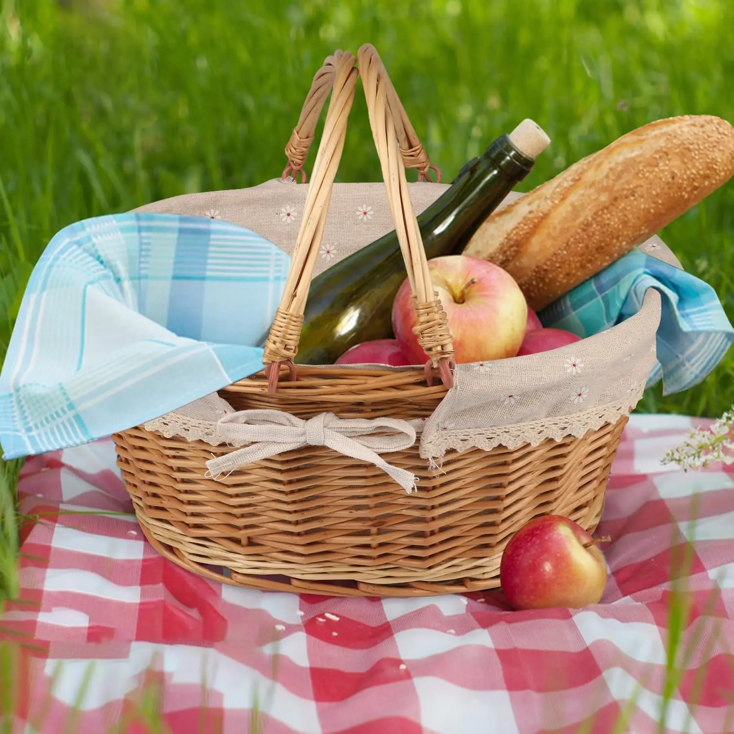 Wicker Picnic Basket with Removable Liner Empty Picnic Bags Picnic Hamper With Folding Woven Handle For Camping Outdoor