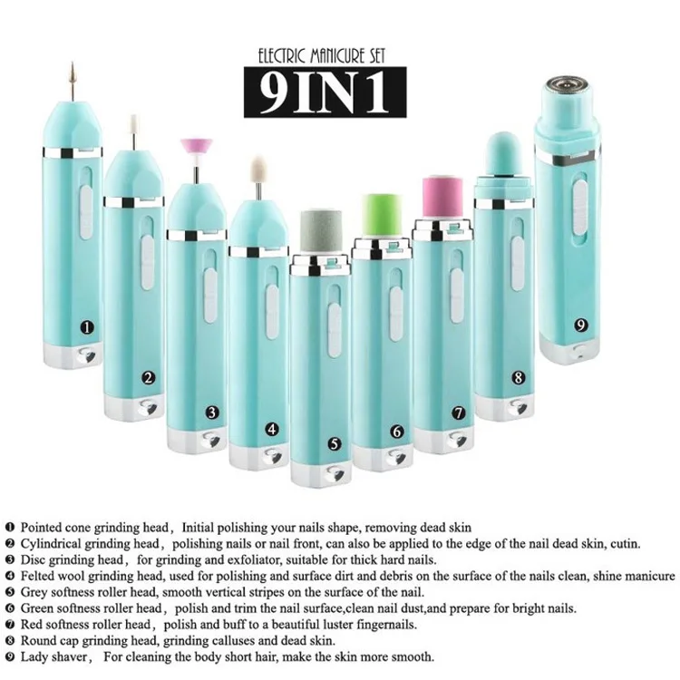 New 9 in 1 Multi-Function Manicure Implement Dry Battery Mini Nail Grinding Machine Electric Nail Piercing Device