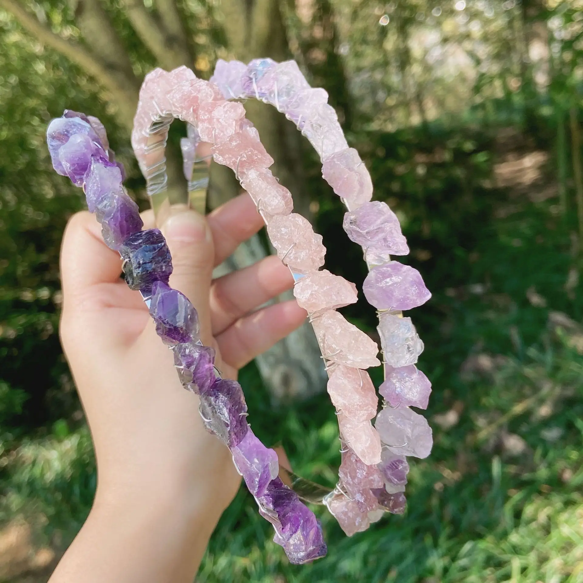 High Quality Hand-made Natural Amethyst Crystal Chips Stone Crown Hair Hoop Wedding Bridal Accessories For Girl Women