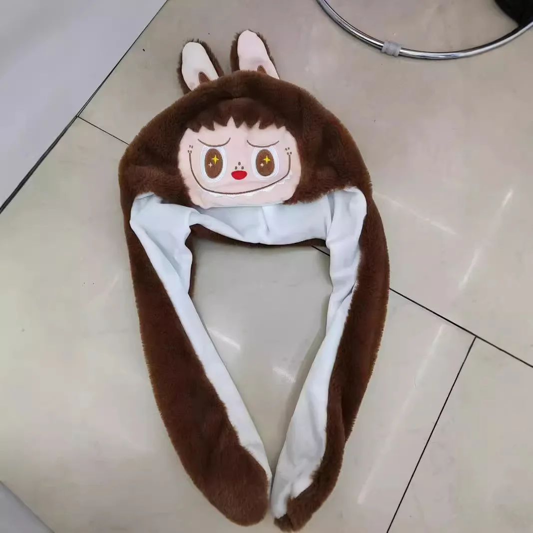 Ruunjoy new cartoon labubu plush hat Ears Move cute labubu figure rabbit soft winter cover ear hat LED Plush hat Christmas gifts