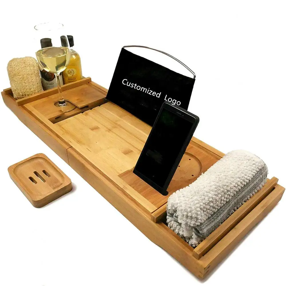 Новый дизайн расширяемая бамбуковая Ванна Caddy-бамбуковая Caddy Tray с держателем для телефона и бокала вина