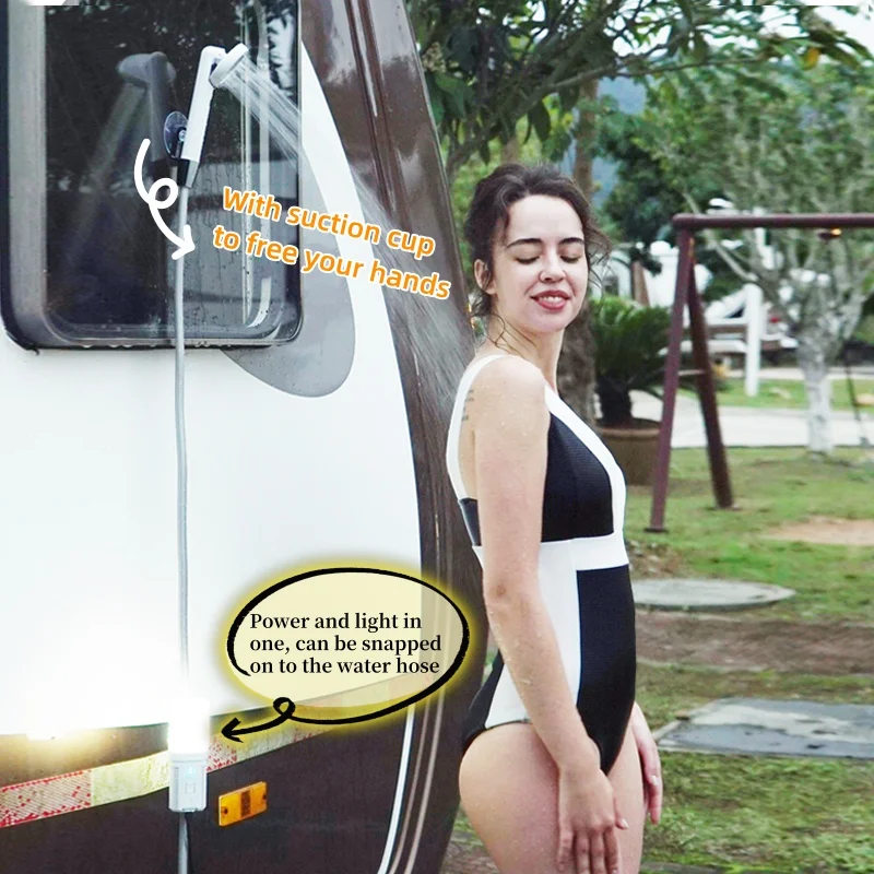 Outdoor Camping Shower 3.7V Rechargeable IPX8 Waterproof Pump Portable Shower with Light for Hiking Travel Bathing