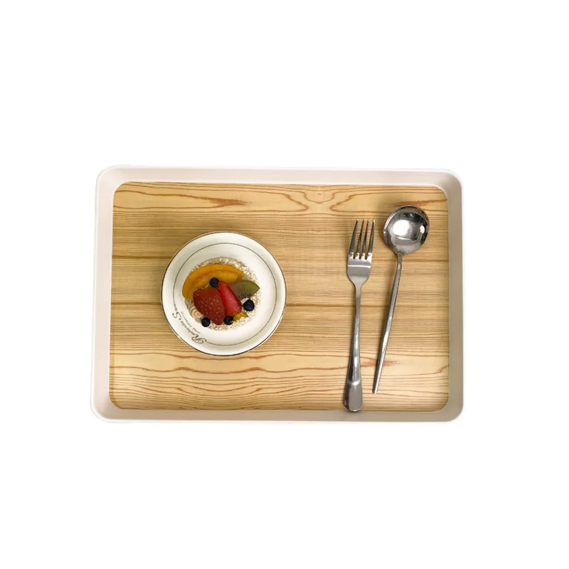 Bamboo Wooden Pattern Rectangle Melamine Tray Plate Dish Set Household Restaurant Use Classic Design Sustainable