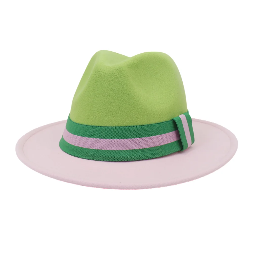 FS Christmas Wool Felt Jazz Hat Women Men Wide Brim Hats Trilby Ladies Green Pink Patchwork Panama Fedora Cap Hats With Ribbon