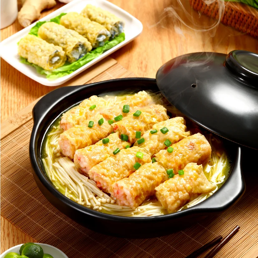 New hot sale HACCPand Fried crisp bean curd skin roll with Black Tiger shrimp slime TOFU skin hot pot foods