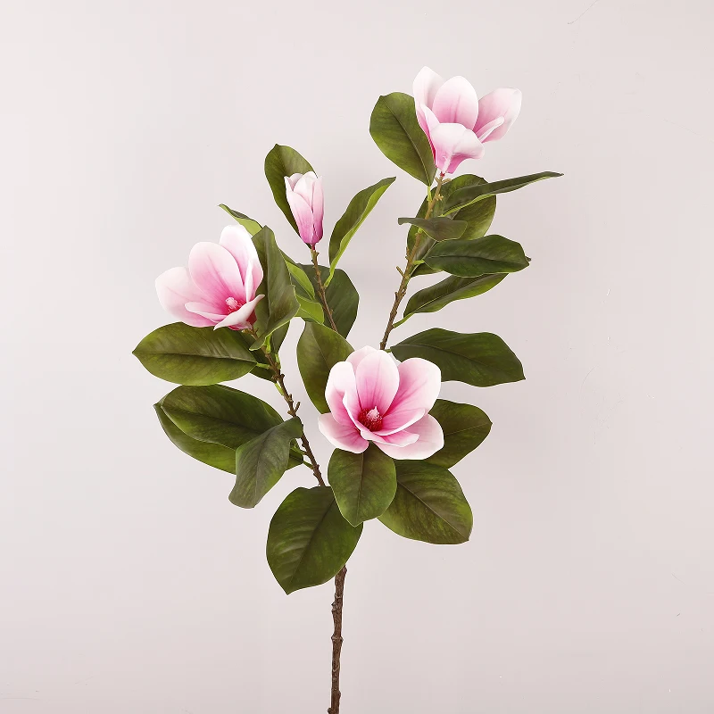 wholesale artificial flower magnolia for home decoration white LaTeX wedding arrangements flower with green leaf for event