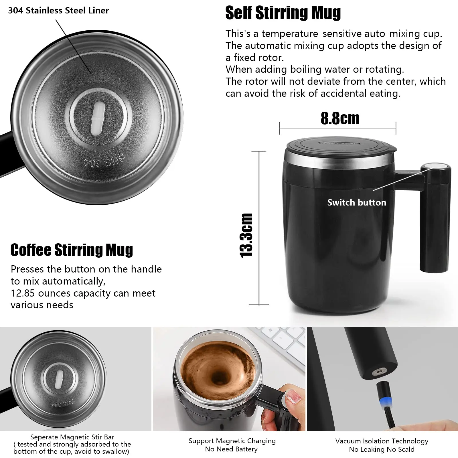 Automatic Magnetic Self Stirring Mixing Coffee Cup Travel Stainless Steel Coffee Mug With Lid