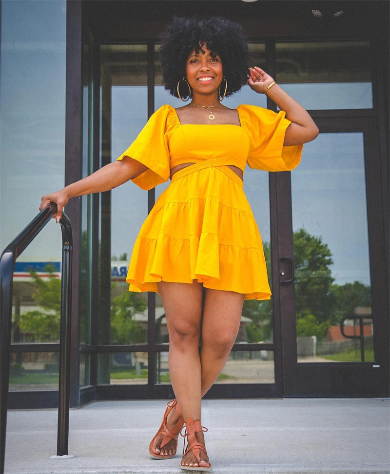 2024 summer frock design women lady modest elegant casual yellow square collar hollow out waist mini dress collection for women