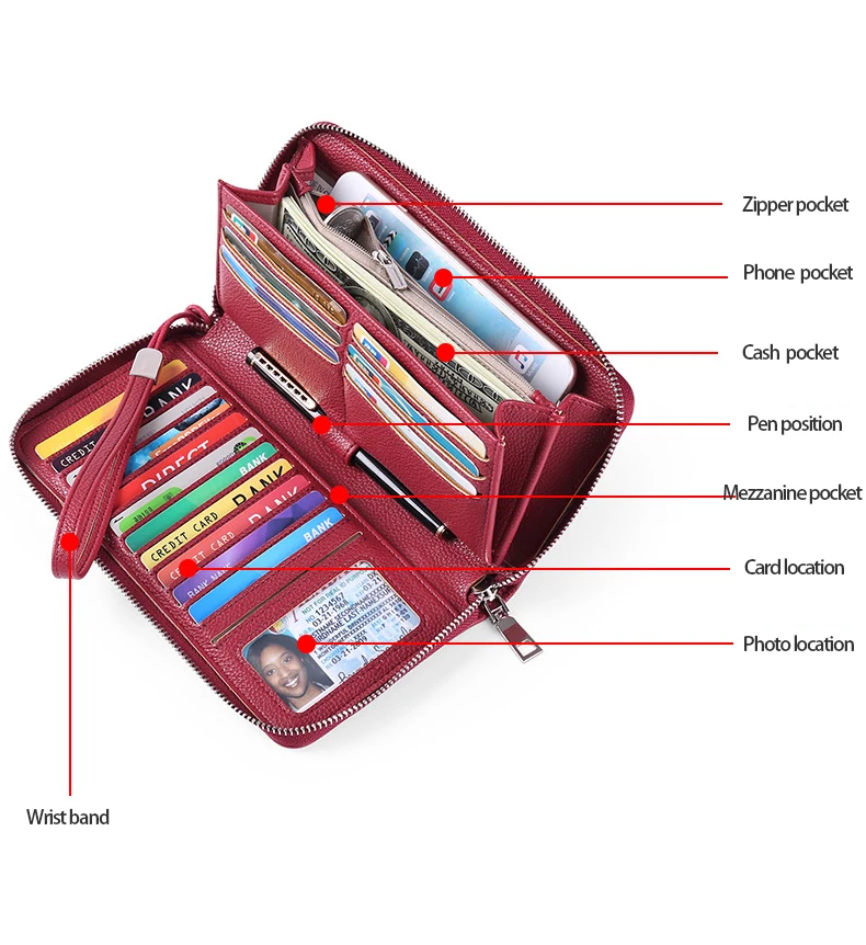  Soft Leather ladies Long wallet bag female luxury Multiple card slots money rfid coin purse wallets
