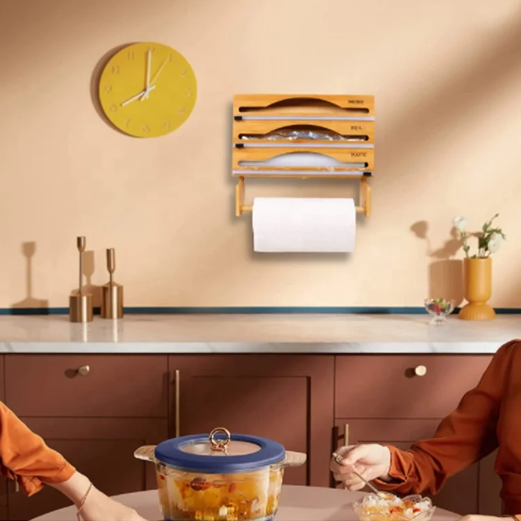 4 in 1 Wrap Dispenser with Cutter and Labels Wall-Mount Bamboo Roll Organizer Holder for Kitchen Drawer