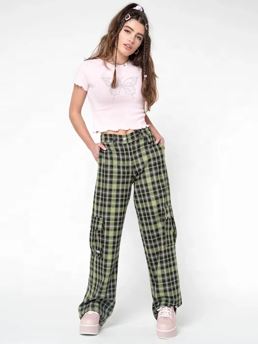 
Straight high waist trousers green plaid pink casual pocket loose trousers 